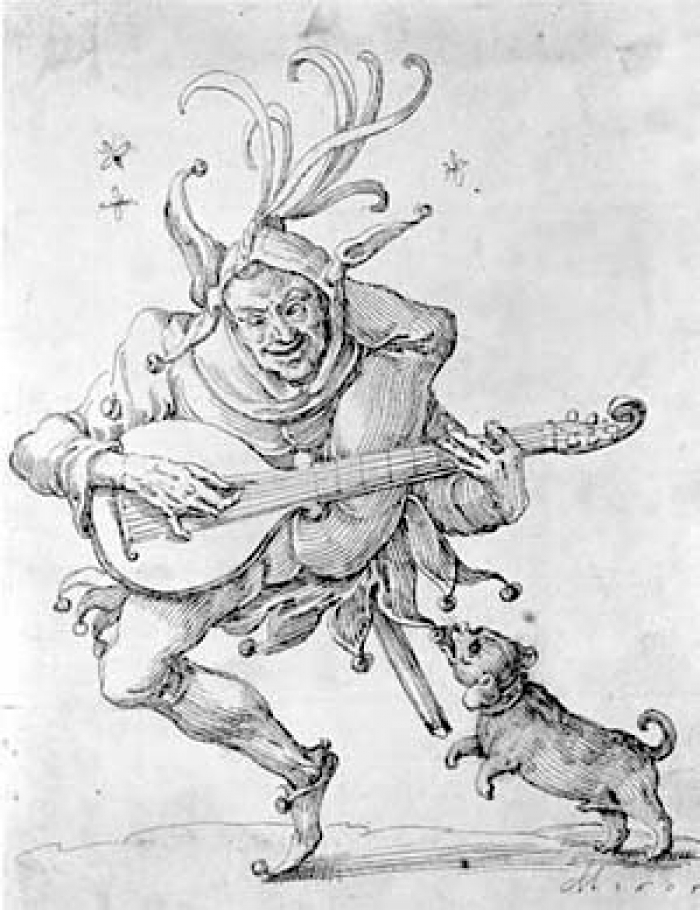 Laute spielender Narr, ein Bein über den Nacken legend by Anton Möller der Älter