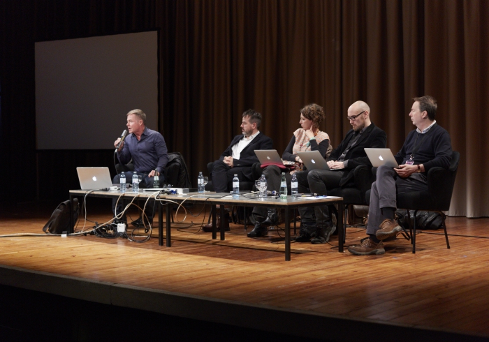 Picture of Jordan Crandall, Benjamin H. Bratton, Tiziana Terranova, Jussi Parikka and Ryan Bishop (left to right) at "The Post-Planetary Design: A Speculative Sense"