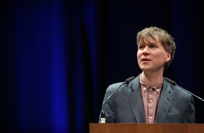 Kristoffer Gansing at the opening rally of transmediale 2018 face value